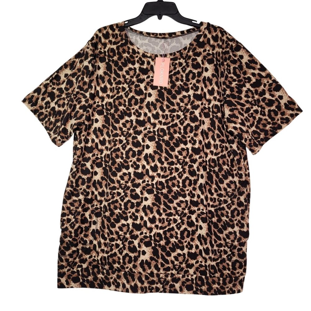PLOKNRD Women's Plus Size Leopard Blouse Short Sleeve With Pockets Size 22W